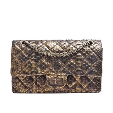 CHANEL 經典2.55系列古銅黑金蛇皮紋轉釦肩背/斜背包(展示品-古銅黑金)
