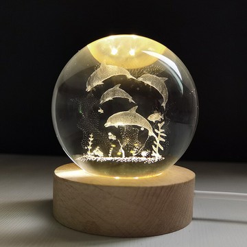 【All Splendid】海底世界 海豚 水晶球6CM 3D雕刻 發光水晶球 小夜燈 LED燈 聖誕節 情人節 交換禮物