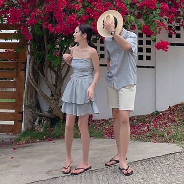 【SEASONS BIKINI】正韓情侶度假平口短洋裝/男款上衣- 粉/藍 -KK33