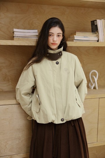 卡其苔綠 塵旅漫歌 法式棉服夾克 皮領夾棉短夾克棉衣外套