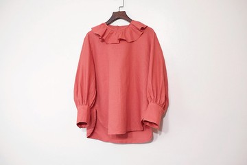 【現貨】嘩拉領長袖上衣/ 橘紅棉麻