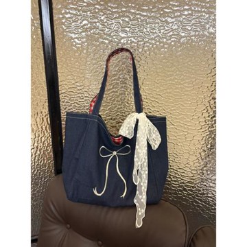 韓系撞色蝴蝶結牛仔帆布包女2025新款大容量單肩托特包通勤購物袋