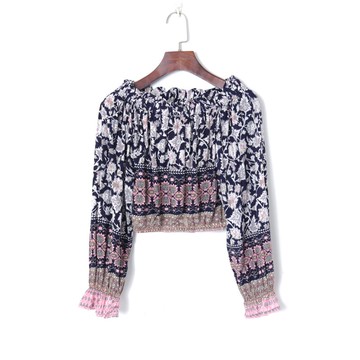 春季女裝法式復古印花優雅一字肩長袖修身顯瘦露臍短款襯衫