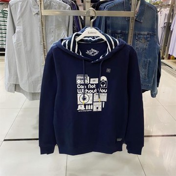 正品班尼路秋冬新款純棉簡約港風印花連帽衛衣男 薄絨針織衫 潮流