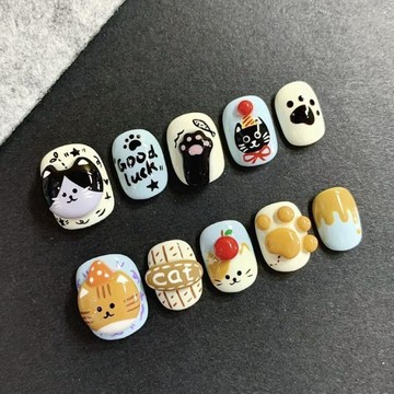 Yuki Nail手工成品純手工穿戴指甲手繪短款可愛立體捏捏橘貓黑貓可拆卸學生