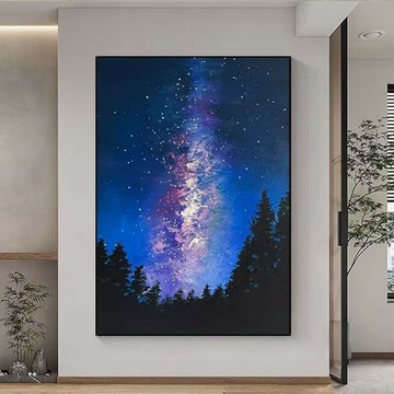 【含稅/免運】 手繪油畫抽象星空客廳背景裝飾畫復古藍黑色夜空風景臥室餐廳掛畫