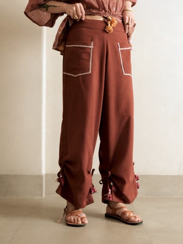 抽繩流蘇車線長褲 / Hemp 紅褐