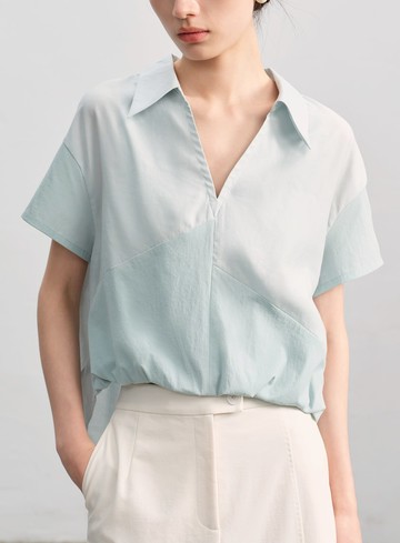 紙紗不對稱拼接襯衫