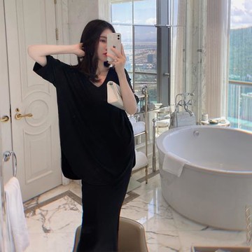 yanyan顯瘦寬松蝙蝠袖V領莫代爾T恤高腰包臀開叉半身長裙時尚套裝