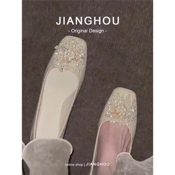 真皮~匠逅瑪麗珍婚鞋女平時可穿粗跟珍珠單鞋溫柔高跟鞋伴娘鞋子