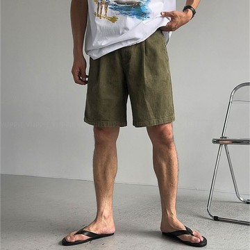 正韓復古水洗純棉單褶半寬直筒後鬆緊短褲 3色 YUPPIE 預購商品 0818