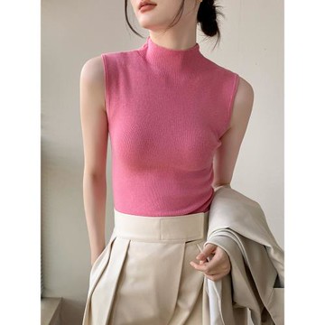 半高領針織背心女2025春季新款馬甲皮衣內搭上衣坎肩羊毛打底衫女
