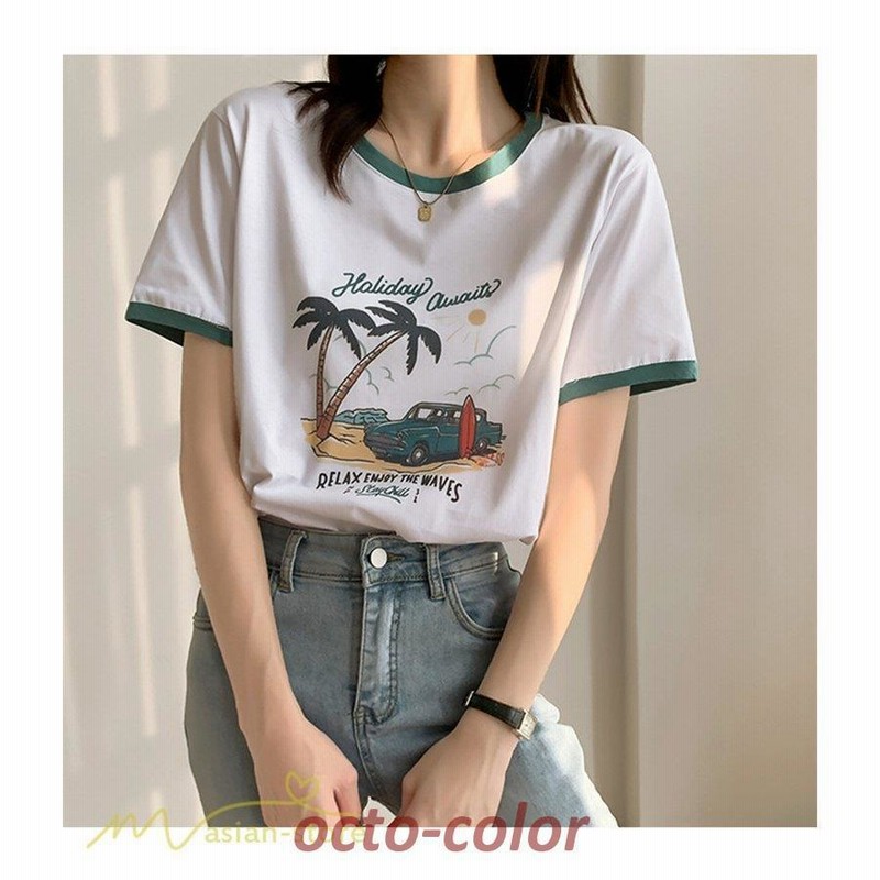 Tシャツ インナー 半袖 ビーチシャツ レディース 春夏秋 プリント アニマル かわいい 着痩せ 長脚効果 カジュアル ゆったり 柔らかい Tシャツ レディース 新作 半袖 丸首 カジュアルTシャツ プリント