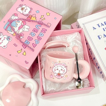 吉伊卡哇水杯🎀 少女心卡哇陶瓷水杯帶蓋勺生日禮物送女生朋友閨蜜馬克杯 可愛水杯 帶蓋水杯 辦公室水杯 陶瓷水杯 生日禮物