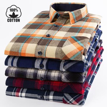 保羅純棉男士長袖襯衫格子中年春秋全棉磨毛襯衣加肥加大碼爸爸裝