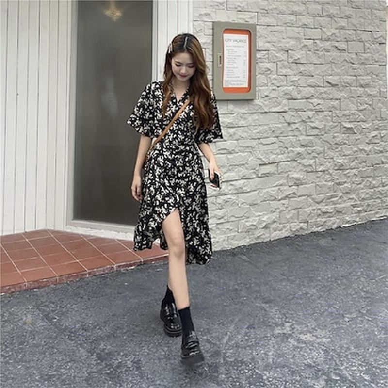 膝丈 半袖 シフォン 花柄 ワンピース 通販 Lineポイント最大get Lineショッピング