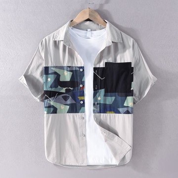 夏季男短袖純棉襯衣翻領拼色印花半袖衫青年休閑襯衫打底寸衫上衣