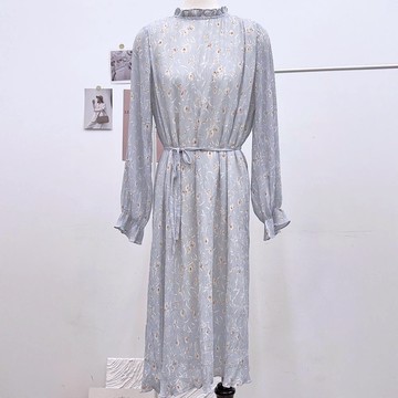 【Avivi】質感小花綁帶百褶洋裝 - 藍色