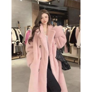 秋冬新款皮毛一體大衣環保水貂絨長款仿羊羔毛寬松毛毛外套女加厚