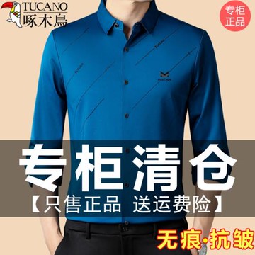 啄木鳥長袖襯衫男士2025秋季新款中老年爸爸薄款休閑上衣條紋襯衣