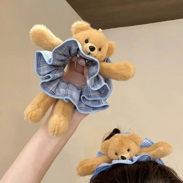 隔日💣原創毛絨小熊格紋大腸髮圈少女心超好看頭繩2026新款發繩頭花髮飾