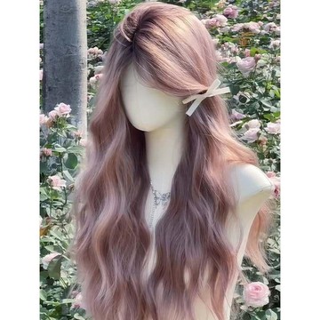 灰粉色長捲髮假髮🔮中分八字瀏海女生假髮 水波紋微捲假髮 甜美整頂假髮 全頭套粉色長髮假髮 灰粉水波紋整頂假髮 長髮假髮