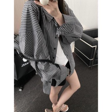 美式復古條紋防曬襯衫外套女2025夏季韓系寬松慵懶風長袖氣質上衣