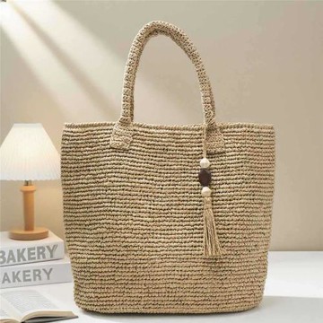新款純色手提草編包女手工編織包大容量百搭單肩海邊度假沙灘包