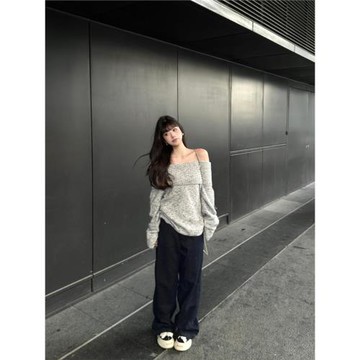 灰色露肩韓系套頭毛衣女秋冬慵懶風寬松氣質小個子長袖一字肩上衣