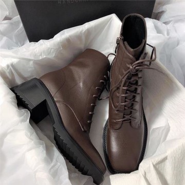 森嶼海巷 2025秋冬新款真皮高跟氣質系帶馬丁靴復古文藝簡約短靴