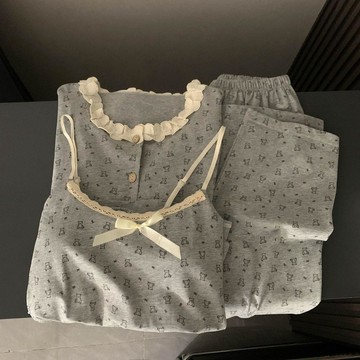 Xuan♥睡衣女春季可愛印花長袖甜美純欲風帶胸墊吊帶三件套可外穿家居服