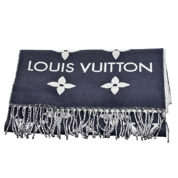 LV Louis Vuitton路易威登 M79503 Essential系列Monogram織花羊毛與絲流蘇圍巾(油墨黑色)