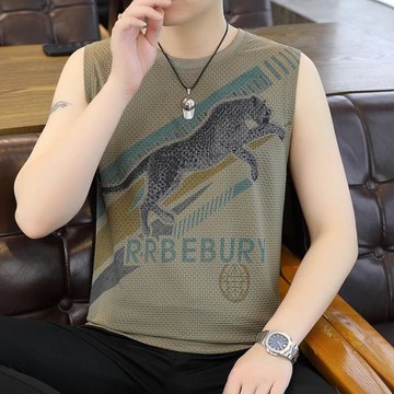 男士冰絲無袖T恤背心2025夏季新款青年簡約潮流百搭帥氣體恤上衣