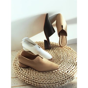 2026早春中跟奶奶鞋女半拖真皮oyster仙女風粗跟穆勒鞋女尖頭單鞋