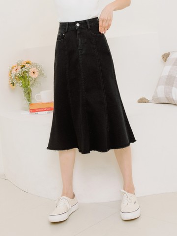 車線不收邊修身A字傘襬丹寧牛仔長裙