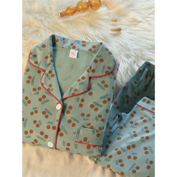 睡衣女春秋季純棉2024年新款櫻桃可愛長袖可外穿開衫家居服夏套裝