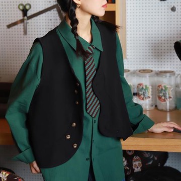 疊穿開衫復古寬松短款西裝馬甲