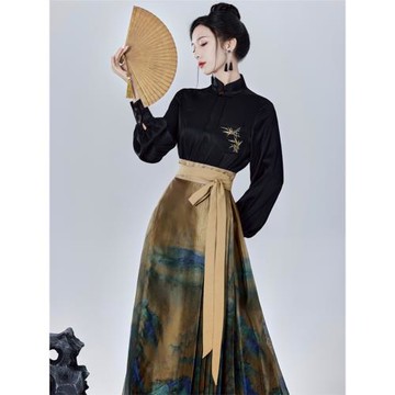 千里江山圖馬面裙搭配的上衣女套裝日常通勤小個子新中式改良漢服