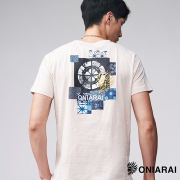 【首降買1送1】日式織紋拼貼繡花短TEE(卡其) - BLUE WAY 鬼洗い