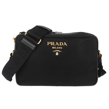 PRADA 普拉達 黑色尼龍金字皮邊相機斜背包