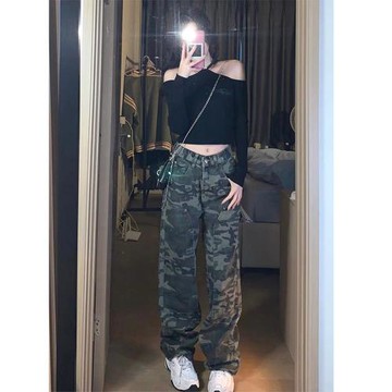 大碼胖mm迷彩闊腿褲女高街休閑嘻哈寬松顯瘦運動軍綠色工裝牛仔褲