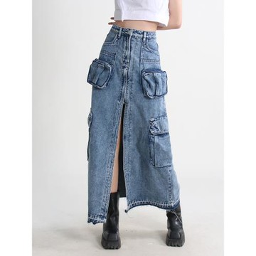 美式復古重工多口袋牛仔半身裙女高腰設計感做舊開叉辣妹包臀長裙