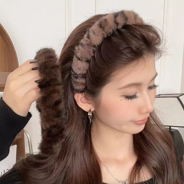 韓係複古豹紋帶齒毛絨髮箍加厚女防滑洗臉髮卡2025年秋冬網紅毛毛 FLG8