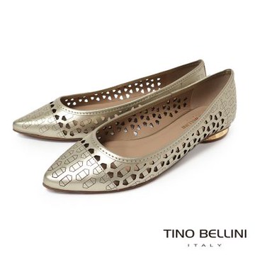 【TINO BELLINI 貝里尼】巴西進口 扣環圖紋 鏤空 尖頭 娃娃鞋FSCT022-F(淺金色)
