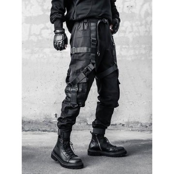 小眾硬核工裝褲男春秋暗黑機能風戰術傘兵褲飄帶設計寬松束腳褲潮