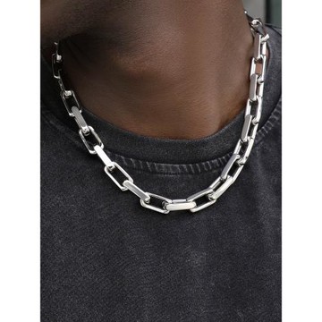 GRGR 銀色方古巴鏈項鏈男女嘻哈歐美流行情侶同款鈦鋼粗鎖骨鏈