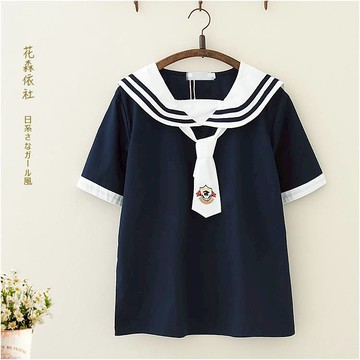 學院風夏裝海軍風領帶短袖襯衫學生少女軟萌妹基礎白襯衣套頭上衣