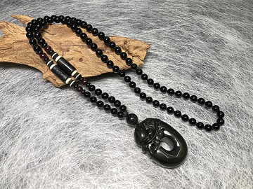 天然黑曜岩項鍊 龍 C形龍 黑玉隨項鍊 六字箴言 開運 送禮