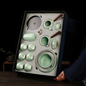 天青仿古側把壺汝窯茶具整套家用中式茶盤復古壺開片汝瓷禮盒送禮
