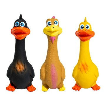 POGGU 寵物乳膠發聲玩具/怪叫雞大嘴鴨 公雞3件組  黃色 + 棕色 + 黑色  1套  鴨 6.8 x 17.8cm 雞 6 x 17.3cm